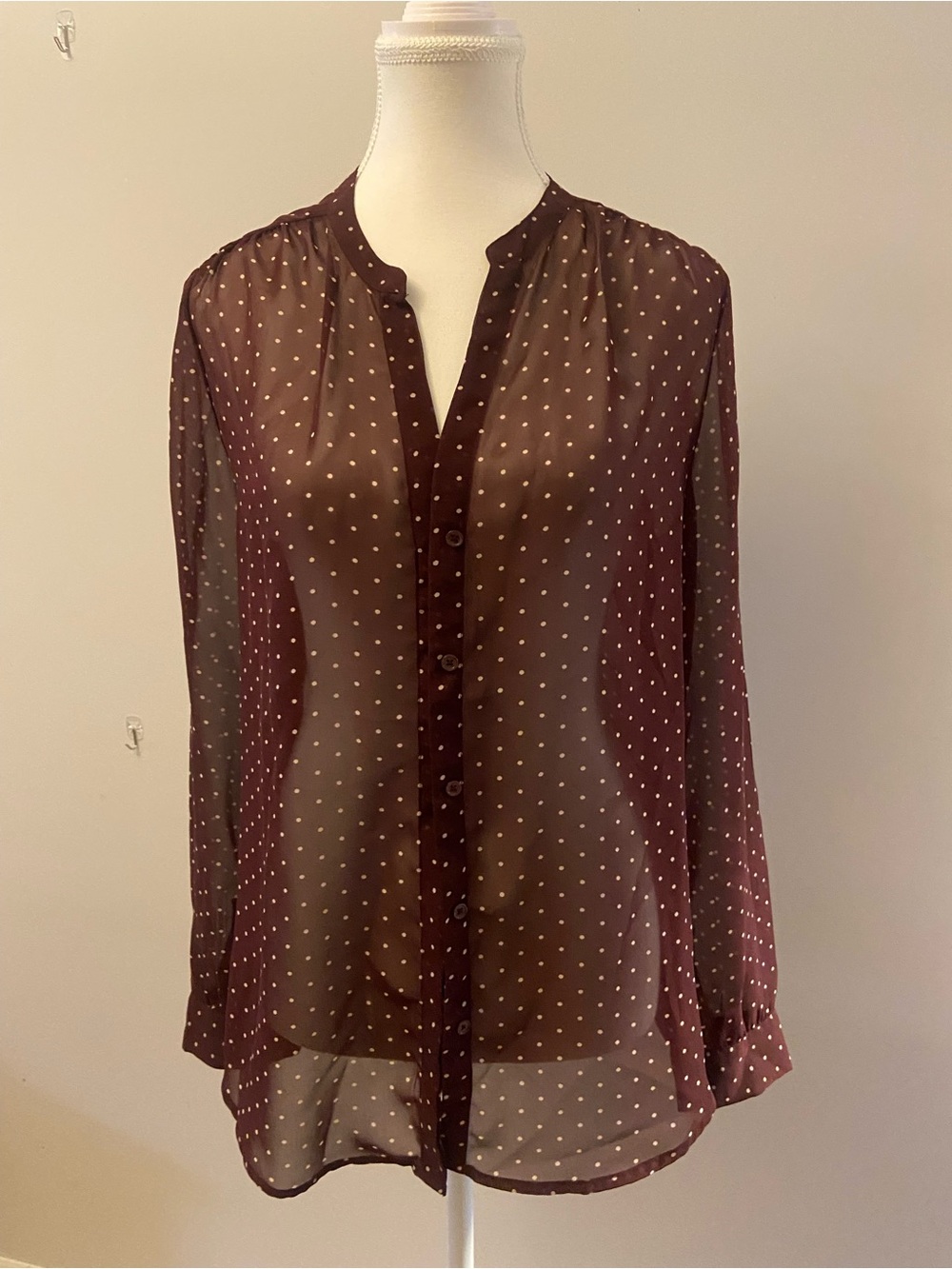 Old Navy Burgundy Sheer Polka Dot Button-Up Blouse